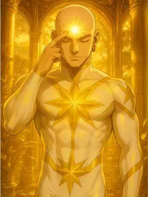 The image features a golden-hued, muscular male figure against a backdrop of golden arched structures. The man has smooth, bald head with glowing light above his forehead. He is dressed in a form-fitting white suit with a golden star-shaped designs. He has his index finger touching his forehead as if concentrating. The overall composition is monochromatic with high-contrast lighting.