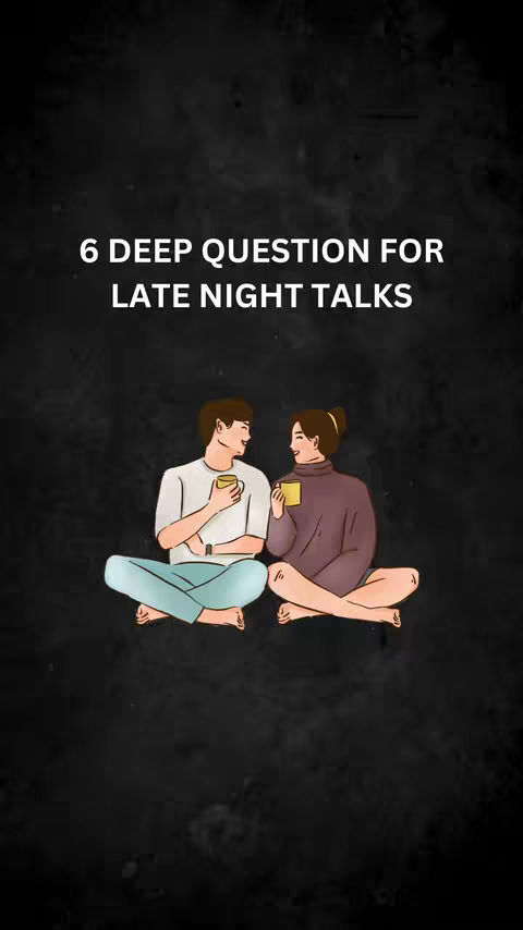 An illustration depicts a couple sitting on a floor, facing each other and appearing to be having a deep conversation. The background is a dark, mottled grey. The text overlay at the top of the image reads: '6 DEEP QUESTIONS FOR LATE NIGHT TALKS'. The couple are both smiling and holding mugs. The woman is wearing a purple sweater and the man a white shirt and light blue pants.