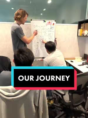 Image shows three people in a modern office, with one of them drawing on a whiteboard. The whiteboard has the words "DRIGMO", "Restaurant", and "soft opening" written on it, along with what appear to be diagrams of food items. The individual closest to the viewer is wearing a gray t-shirt, has blonde hair, and is pointing at the whiteboard with a pen. The image is overlaid with a lower third that says "OUR JOURNEY" in a bold white font against a black and red background.
