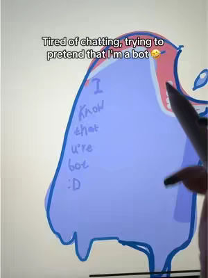 The image shows a digital drawing of a blob-like character, primarily blue with a pink area at the top. On the blue shape there is handwritten text in black, and a digital drawing pen and creator's hand are also visible in the shot against a white background.