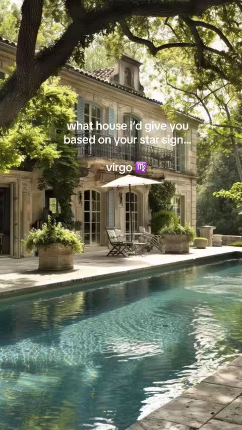An elegant house with a pool in a lush, green setting. Text overlay indicates the video is about houses associated with star signs.