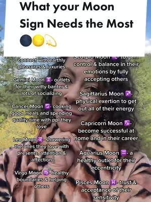 A vertical cover image featuring a woman, framed from the chest up. The woman has brown curly hair and is wearing a pink and brown patterned top. She is looking towards the right of the frame, and her hand is near her chin. The background has trees. Text overlays at the top read "What your Moon Sign Needs the Most" with moon phase symbols, and a list of moon signs with associated needs. The background is blurred.