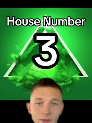 The image shows a man's face at the bottom, with the text "House Number" above a white number "3" within a green triangle on a green background.