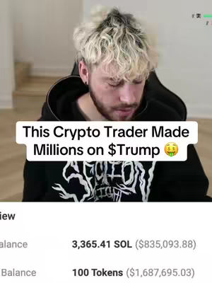 A selfie-style video cover image featuring a young man with blond hair looking down with slight concern. Above is a white text box with the words \"This Crypto Trader Made Millions on $Trump\" and green emoticons. The bottom displays a view of the user's wallet, showing various digital money amounts.