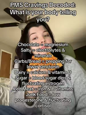 A woman with dark hair looks at the camera while holding what appears to be a piece of pizza, with text overlayed on the image listing different cravings and associating them with what the body is asking for.