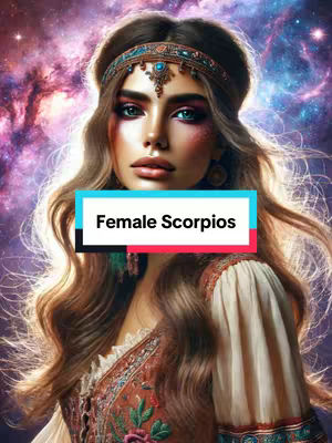 A digital art image of a woman with long, flowing hair with a jeweled headband and a detailed top is set against a blurred, colorful nebula background. The woman has a serene expression with striking makeup, and the text label "Female Scorpios" is prominently displayed.
