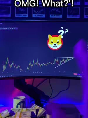 A workstation is shown displaying a trading chart with a Shiba Inu logo and a question mark next to it. The monitor is placed on a desk with money and a coffee mug in front of it.