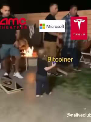 A group of people outside at night, with a bonfire in the background. A child holds a toy gun, with logos of AMC Theatres, Microsoft, and Tesla overlaid on other people. The text 'Bitcoiner' appears over the child.