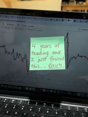 A laptop screen displays a stock chart, with a post-it note over it. The post-it note contains handwritten text.