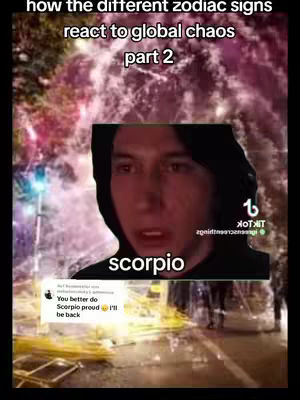 The cover image presents a split-screen design. The top portion displays a blurred background with colorful, abstract light effects. A person is featured, centered on the screen with a slight tilt. Text is overlaid, clearly indicating the zodiac sign 'scorpio'. The bottom portion includes a comment box, with added text. The composition uses a vertical layout, focusing on the individual and the astrological theme, enhanced by a caption.