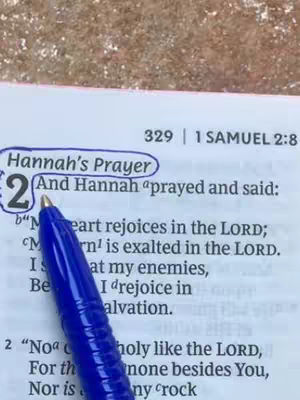 The cover image shows a close-up of an open book. The text "Hannah's Prayer" is circled, and a blue pen points at the scripture. The background is blurred, with a neutral tone of tan.