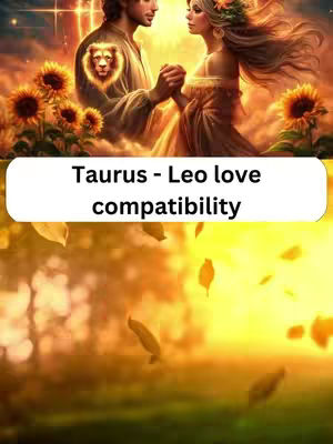 The image features a digital artwork with a focus on romantic and astrological themes. The top half showcases a man and a woman holding hands, depicted in a soft, glowing light that gives a mystical ambiance. The man wears a tunic with a lion's head emblem, symbolizing Leo. The woman is adorned with a floral crown. The bottom half displays a blurred landscape with yellow and orange hues.