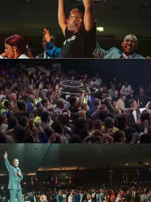 A composite image showing three scenes from a large event. The top section shows two men, one raising his arms with what appears to be a wheelchair, the other smiling. The middle section captures a crowd with many people raising their hands. The bottom section features a man on a stage speaking.
