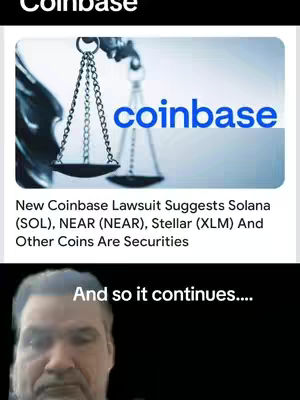 The cover image is a split-screen. The top half shows a screenshot of what appears to be a news article or a social media post regarding a lawsuit against Coinbase. The words 'coinbase' is in large, bold, blue text. The image has a picture of the scales of justice over top. The background overall is a light blue color. The bottom segment contains the face of a man with a serious expression, in dim lighting, set against a black background.