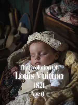 A baby lies peacefully in a cradle, wearing a white outfit and a lace cap. Overlayed text announces the subject as "The Evolution Of: Louis Vuitton" with the date "1821" and "Age 0". The background is softly focused, with elements suggesting an older setting.