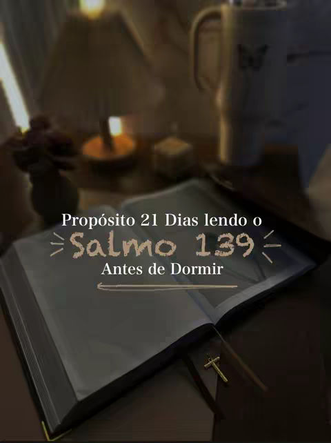 An open Bible lies on a table, with a cross-shaped bookmark in it. Above the Bible, text reads, 'Propósito 21 Dias lendo o Salmo 139 Antes de Dormir.' A mug is partially visible in the background, and the lighting is dim and warm.