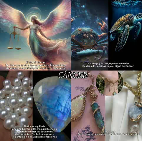 The image is a grid with six distinct sections, each featuring a different element related to astrology and the zodiac. The top row displays, from left to right, an angel holding scales, a stylized crab, and a sea turtle. The bottom row features, from left to right, a collection of pearls, a gemstone, and a collection of jewelry showcasing various gemstones. Text is overlaid on the image, identifying the zodiac sign Cancer, the angel Rochel, and the properties of the illustrated elements.