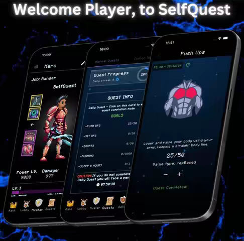 The image showcases three smartphone screens displaying a fitness app interface. The app seems to blend gaming elements with fitness training, featuring a pixelated character, a quest system with progress bars, and workout instructions. The background is a dark gradient, possibly designed to highlight the app interface.