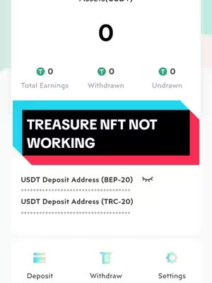 The cover image displays a user interface with a white background and a blue and red rectangular box with the text 'TREASURE NFT NOT WORKING'. At the top, it shows 'Assets (USD)' with a value of '0'. Below the main text, there are lines of text related to cryptocurrency addresses. The bottom of the image contains icons for 'Deposit', 'Withdraw', and 'Settings'.