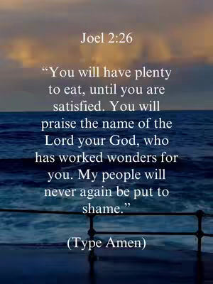 An image presenting a Bible verse as the verse of the day. The upper portion shows a gradient sky with golden hues. The middle part captures a peaceful ocean scene. Below, a dark pier railing frames the bottom. The text is centrally aligned, and the overall composition conveys a sense of serenity and spiritual reflection.