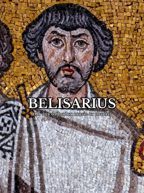 Mosaic portrait of a man with dark hair and a beard against a gold background. The word "BELISARIUS" is written in large white letters above the man's head.
