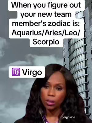 A woman with long, dark hair looks directly at the viewer. Text overlays include a question about zodiac signs and a large 'Virgo' label. The background features a tall building and a cloudy sky.