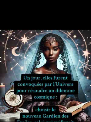 A mystical image with a woman in a head covering, possibly a celestial theme with star constellations, a crescent moon, and a candle. The woman has dark skin and is looking to the viewer. Text is overlaid in a black box.