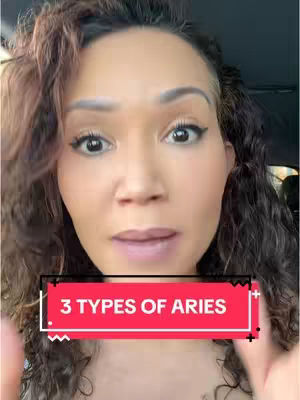 A woman with curly brown hair looks directly at the camera. A text overlay reading '3 TYPES OF ARIES' in a red rectangle crosses her body.