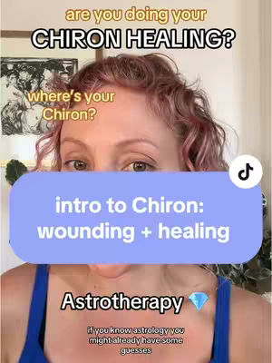The cover image features a woman with auburn hair, positioned from the chest up, gazing at the viewer. Text overlays introduce the topic: Chiron healing and astrology. The background hints at a domestic setting. A blue rounded rectangle with text on it is over the chest, and the ticktok logo on the upper right.