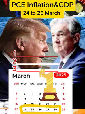The image shows a collage combining images and text. At the top, it has a yellow banner reading "PCE Inflation&GDP 24 to 28 March." Below, two men's faces are displayed; Donald Trump on the left and Jerome Powell on the right. Underneath the faces are three horizontal lines. At the bottom, a calendar highlights the week of March 24-28, with a number one-shaped trophy graphic placed above the calendar.