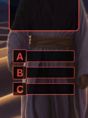 The image shows a stylized illustration of a person, likely a biblical figure, in a white or light-colored robe. Three rectangular boxes with letters A, B, and C are aligned below the figure. Each box is black with red borders, designed for a quiz format.