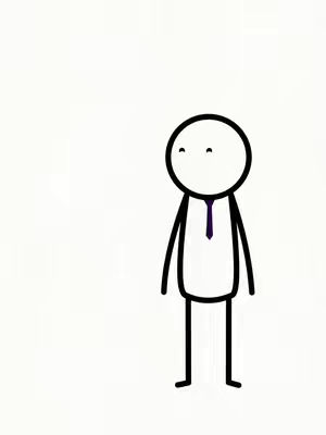 A minimalist illustration featuring a stick figure in a white suit with a black outline, purple thin tie, set against a plain white background.