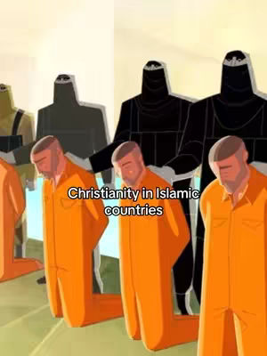 An animated image shows a group of men in orange jumpsuits kneeling, seemingly in front of individuals in black clothing who appear to be guards. Text overlaid on the image reads, "Christianity in Islamic countries."