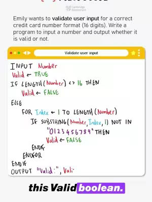 The image shows a handwritten coding example on a whiteboard, illustrating a basic input validation program for a credit card number format. The layout is clean, with the code written in legible handwriting on a plain white background, with a highlighted hook text and some title-like elements at the top of the whiteboard.