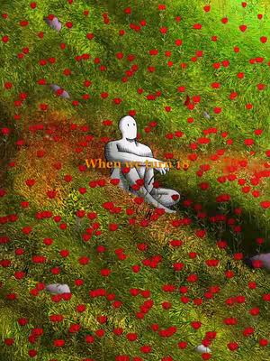 An artistic rendering depicts a serene, faceless white figure seated in lush, green grass speckled with numerous small red heart-shaped flowers. The figure's pose suggests contemplation, reflecting the video's message of seizing the present.