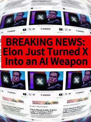 A graphic with multiple overlapping images of a news article on a white background. The article concerns Elon Musk merging Twitter (X) with his AI company, xAI. Overlaid on this graphic is a red banner with white text that reads: 'BREAKING NEWS: Elon Just Turned X Into an AI Weapon'.