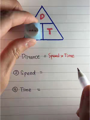 A hand holding a blue eraser over a triangle diagram on lined paper. The triangle is divided into three sections labeled 'D', 'S' and 'T' in red. Below the diagram are equations in black ink. Another hand holds a pen at the bottom of the frame.