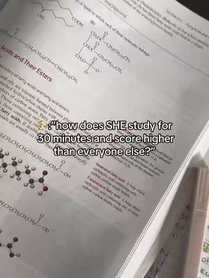 The cover image shows an open textbook with scientific diagrams and text about "Acids and Their Esters". The overlayed text "how does SHE study for 30 minutes and score higher than everyone else?" adds a focus on study efficiency.