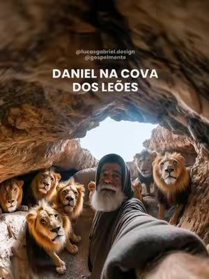 The cover image depicts a selfie-style shot of a man with a long white beard, wearing a dark robe and hood, as he appears to be taking a selfie with lions. The composition places the man slightly off-center, with his arm extended, holding the camera. Several lions, with golden fur and visible manes, are positioned around him, some looking directly at the camera. The background shows a rocky cave-like setting, with a bright opening at the top. Text overlayed on the image reads 'DANIEL NA COVA DOS LEÕES'. The overall tone blends a modern selfie aesthetic with a biblical theme.