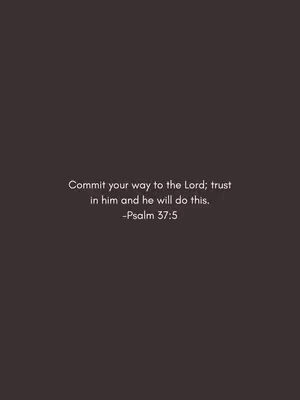 A minimalist graphic on a brown background. White text in the center of the image features biblical verse. The text is 'Commit your way to the Lord; trust in him and he will do this. -Psalm 37:5.'