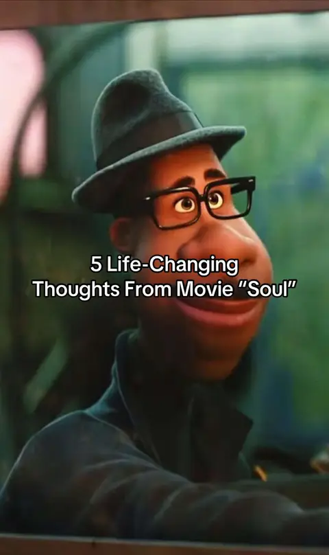 The cover image features a cartoon character from the movie "Soul", an animated black man with glasses and a hat. Text overlayed reads "5 Life-Changing Thoughts From Movie Soul". The character is centrally placed, with a neutral expression, set against a blurred background suggestive of an interior setting.