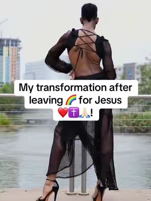 A person is standing outdoors by a body of water, wearing a black dress with an open back and high heels. Text overlayed reads, 'My transformation after leaving rainbow for Jesus' with a heart, cross and praying hands emoji. The person is turned away from the camera.
