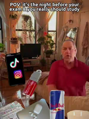 A man is sitting in a room with a laptop, phone, and other items on the table. The cover image is set in a room with a man in a red shirt. In the foreground, a phone displays social media app icons, along with lip gloss, an energy drink, and a laptop. The background includes houseplants, curtains, and a window.