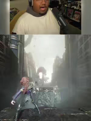 The cover image is split into two sections. The top portion shows a person wearing glasses and a headset with a blurred background including screens. The bottom portion shows an in-game scene from a video game. The game features a female character in a futuristic-looking setting wielding a weapon.