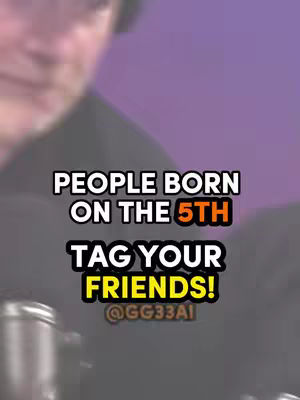 The cover image is a selfie-style shot of a person from the chest up, with the background slightly out of focus. The main subject is a person of ambiguous ethnicity, wearing a dark top and possibly a hat. The background is a gradient of purple and pink. Overlaid on the image is bold white text with a yellow highlight, which reads, "PEOPLE BORN ON THE 5TH, TAG YOUR FRIENDS! @GG33AI". The text is centrally aligned.