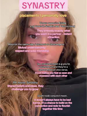 A close-up shot featuring a woman with long, wavy brown hair. She is looking towards the camera with a neutral expression. The background is blurred. Text overlays are present in the image, set against a pink background, detailing astrological synastry placements.