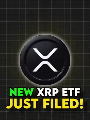 The cover image features the XRP symbol prominently centered against a dark background with a grid pattern. Superimposed beneath the symbol is the text: "NEW XRP ETF JUST FILED!" in green and yellow, respectively, which creates emphasis and excitement by using bright colors.