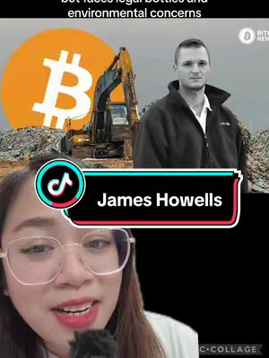 The cover image is divided into three sections. The top section contains text against a background, with a Bitcoin symbol in the background and a man in black and white. The mid-section features James Howells in a box. The bottom shows a woman with glasses in selfie mode.