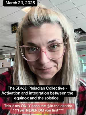 A woman with blonde hair, wearing glasses and a red top, is centered in a selfie-style shot. In the top left, a black rectangle with the date "March 24, 2025" is displayed. Below, a text overlay provides additional details about a collective and an account.