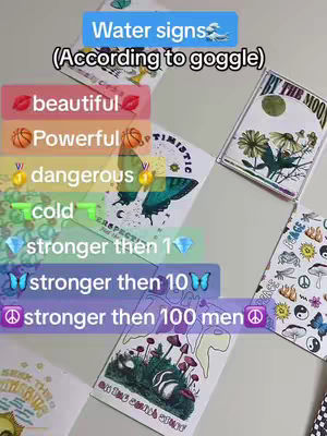 An overhead shot showcasing several decorated papers with different text overlays, set against a neutral grey background. The text overlays, in vibrant pink, blue, and green rectangles, provide information and assessments about water zodiac signs, including attributes like 'beautiful,' 'powerful,' and 'dangerous.' There is a butterfly image with the words 'TIMISTIC' as well. The layout is visually organized, suggesting a comparison or ranking.
